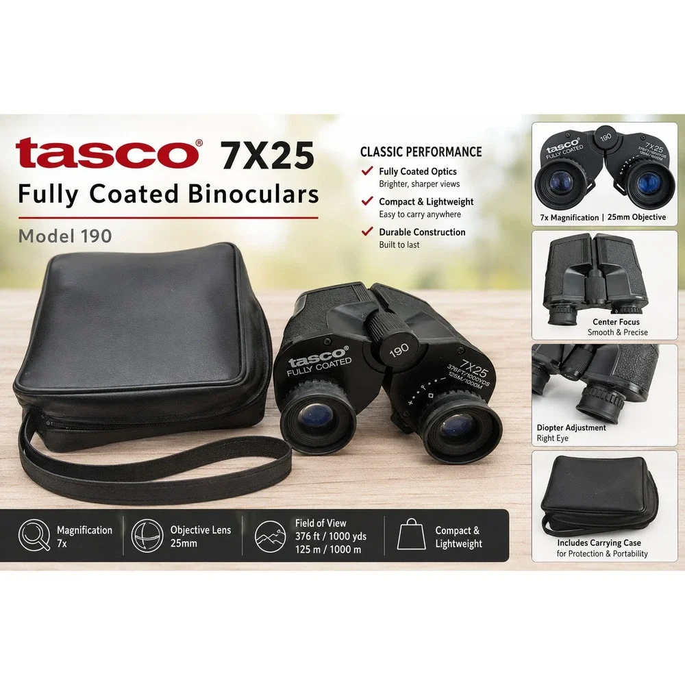 Tasco 7x25 Fully Coated Binoculars Model 190 Black with Carrying Case Compact